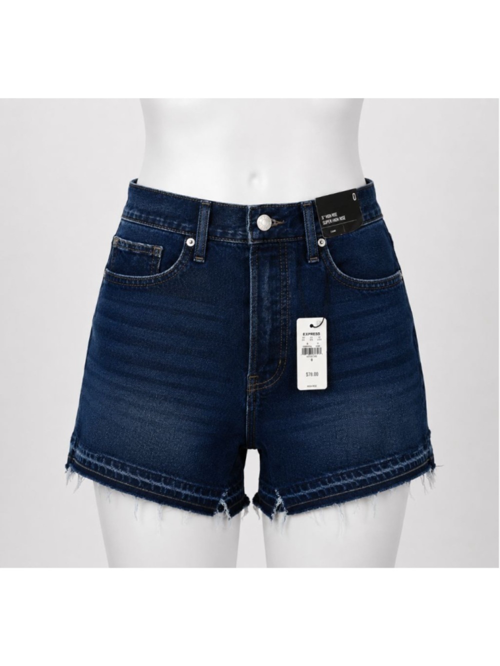 Express Super High Rise Denim Shorts Womens Size 0 Medium Wash Raw Hem Boho NWT